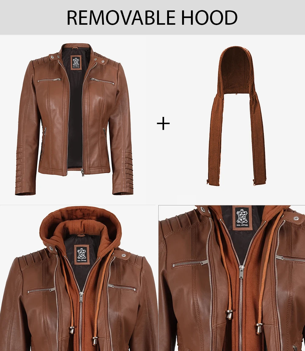 Veste en cuir Cognac Cafe Racer pour femme avec capuche amovible
