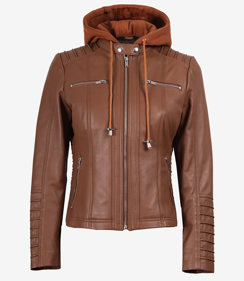 Veste en cuir Cognac Cafe Racer pour femme avec capuche amovible
