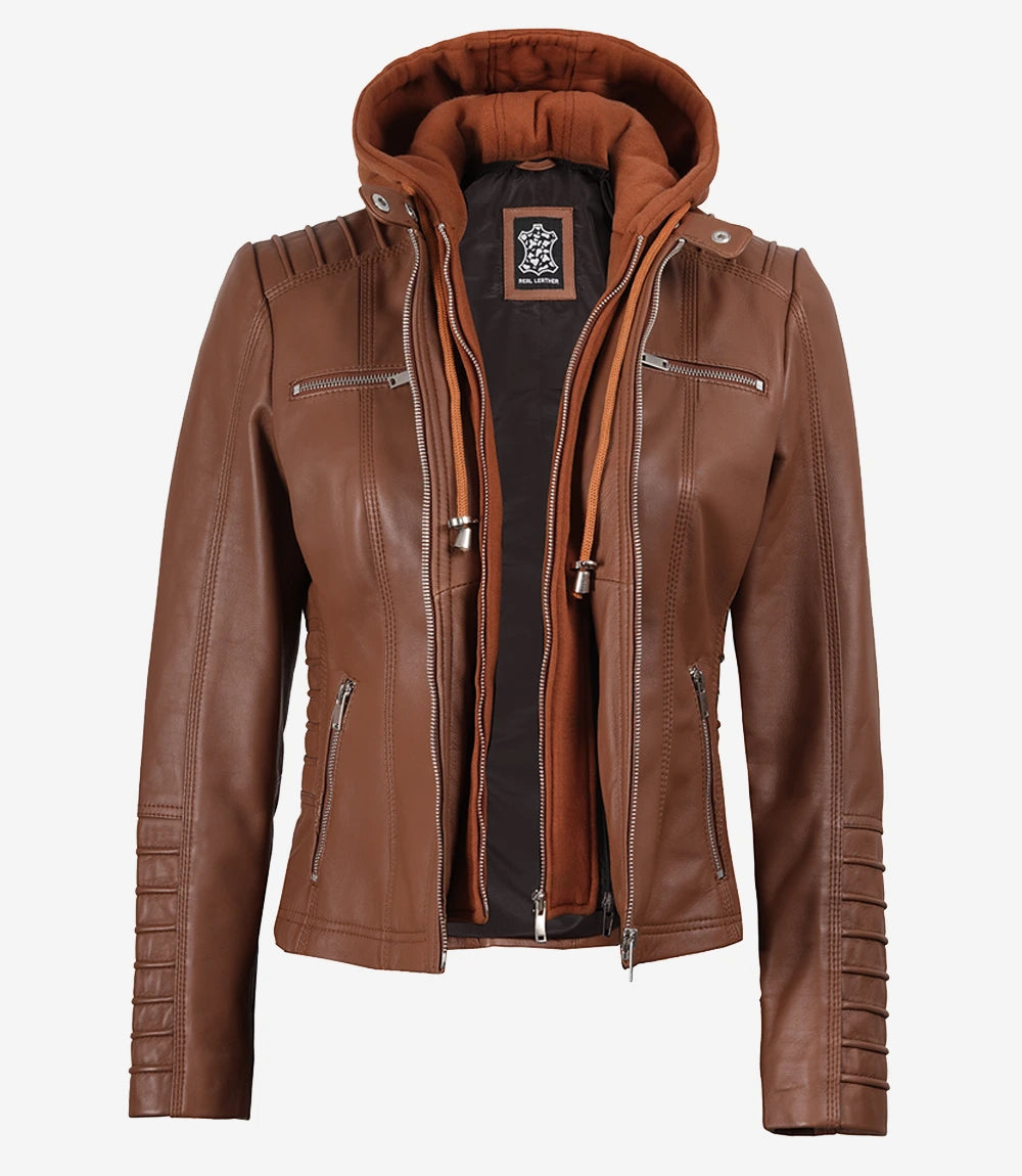 Veste en cuir Cognac Cafe Racer pour femme avec capuche amovible