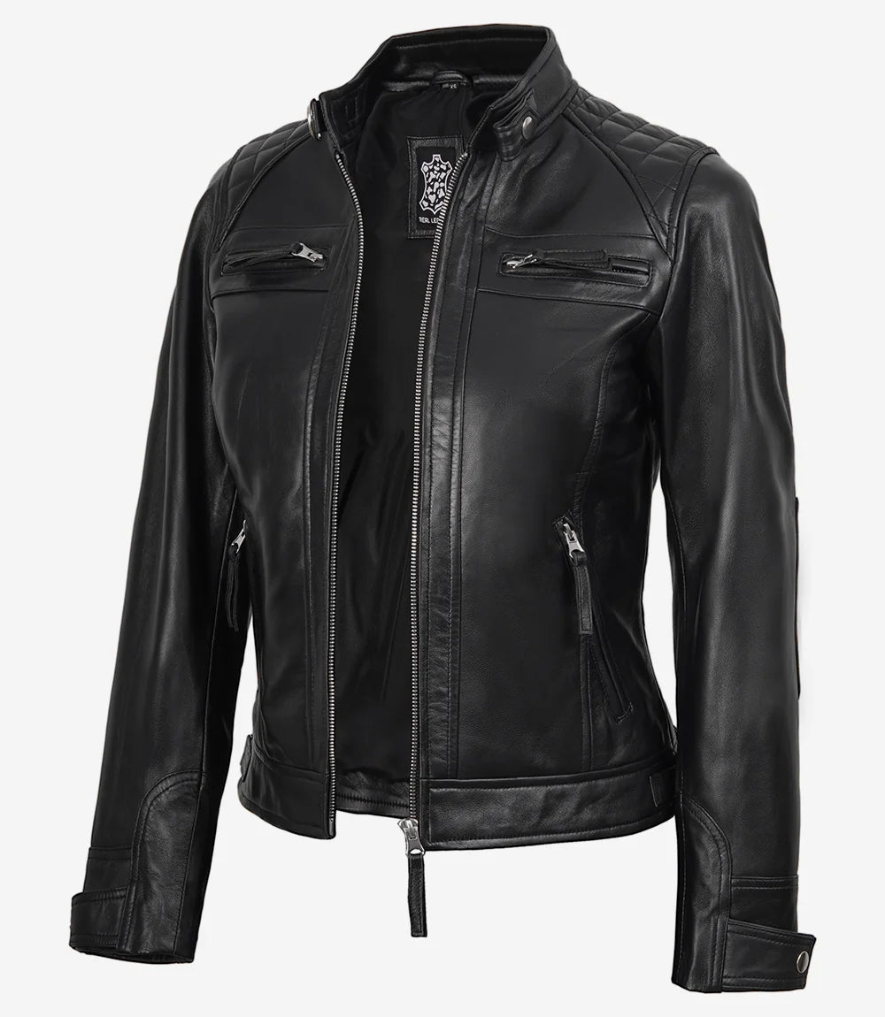 Noir Cafe Racer Blouson Cuir Femme
