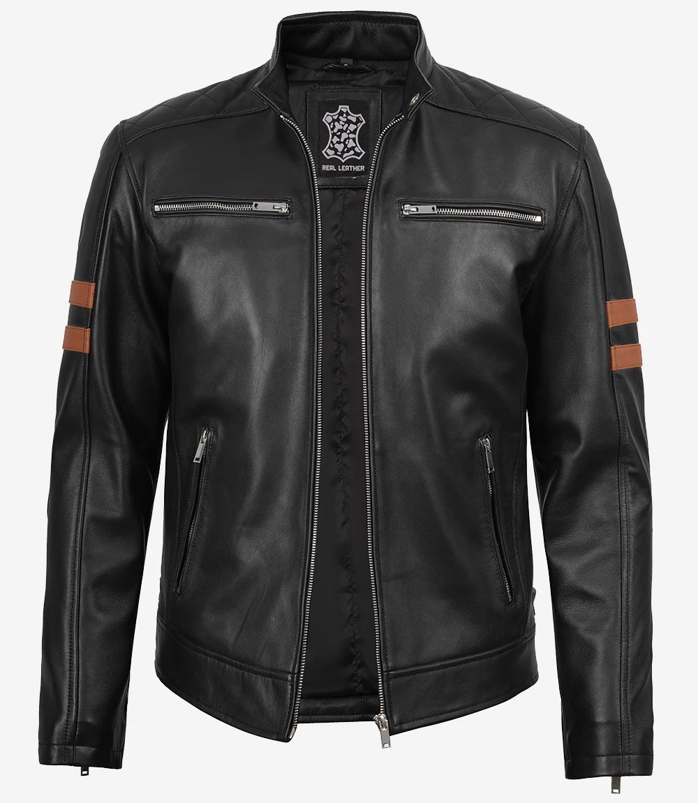 Veste en cuir noir style Cafe Racer pour homme