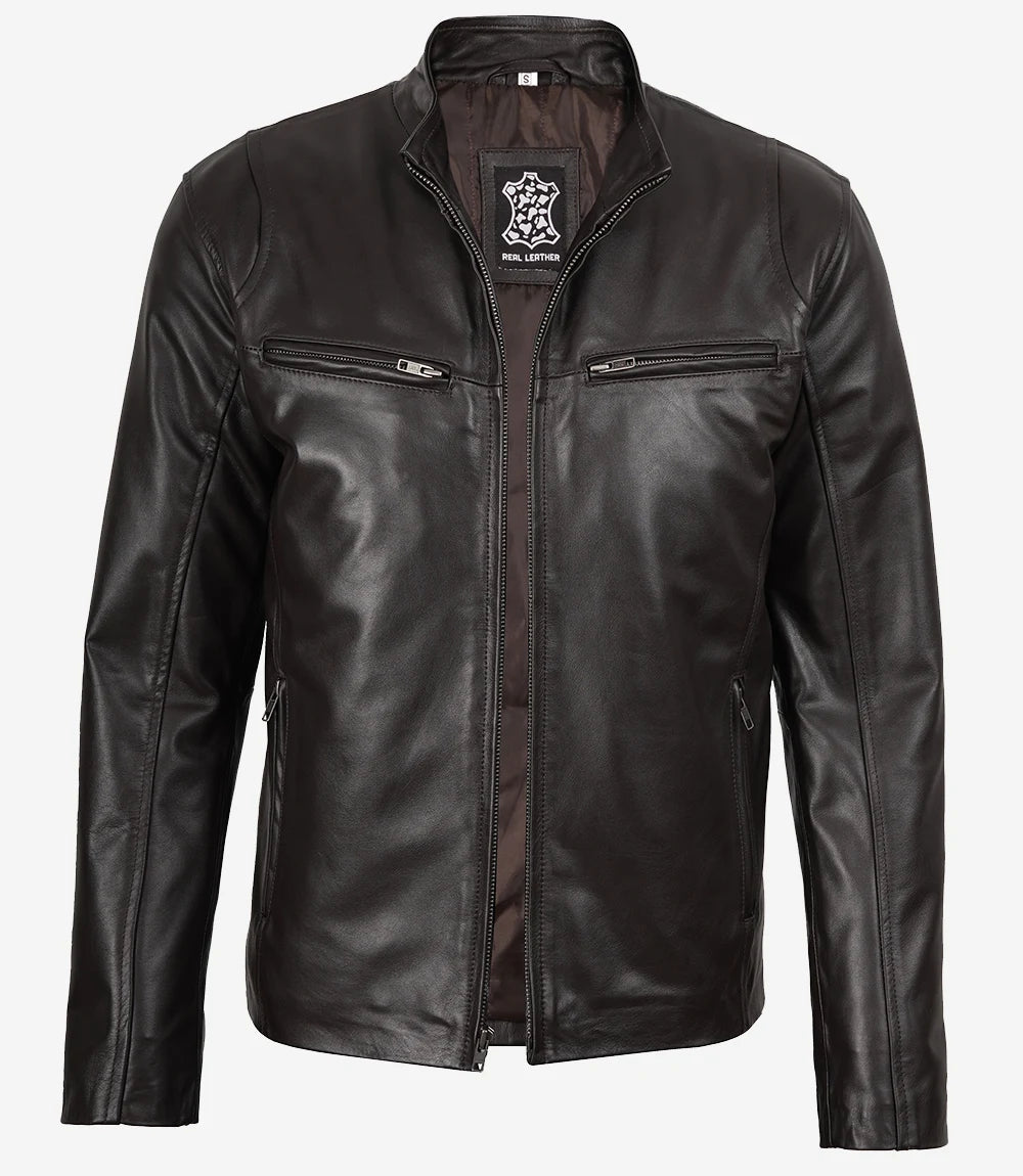 veste en cuir marron café racer pour homme