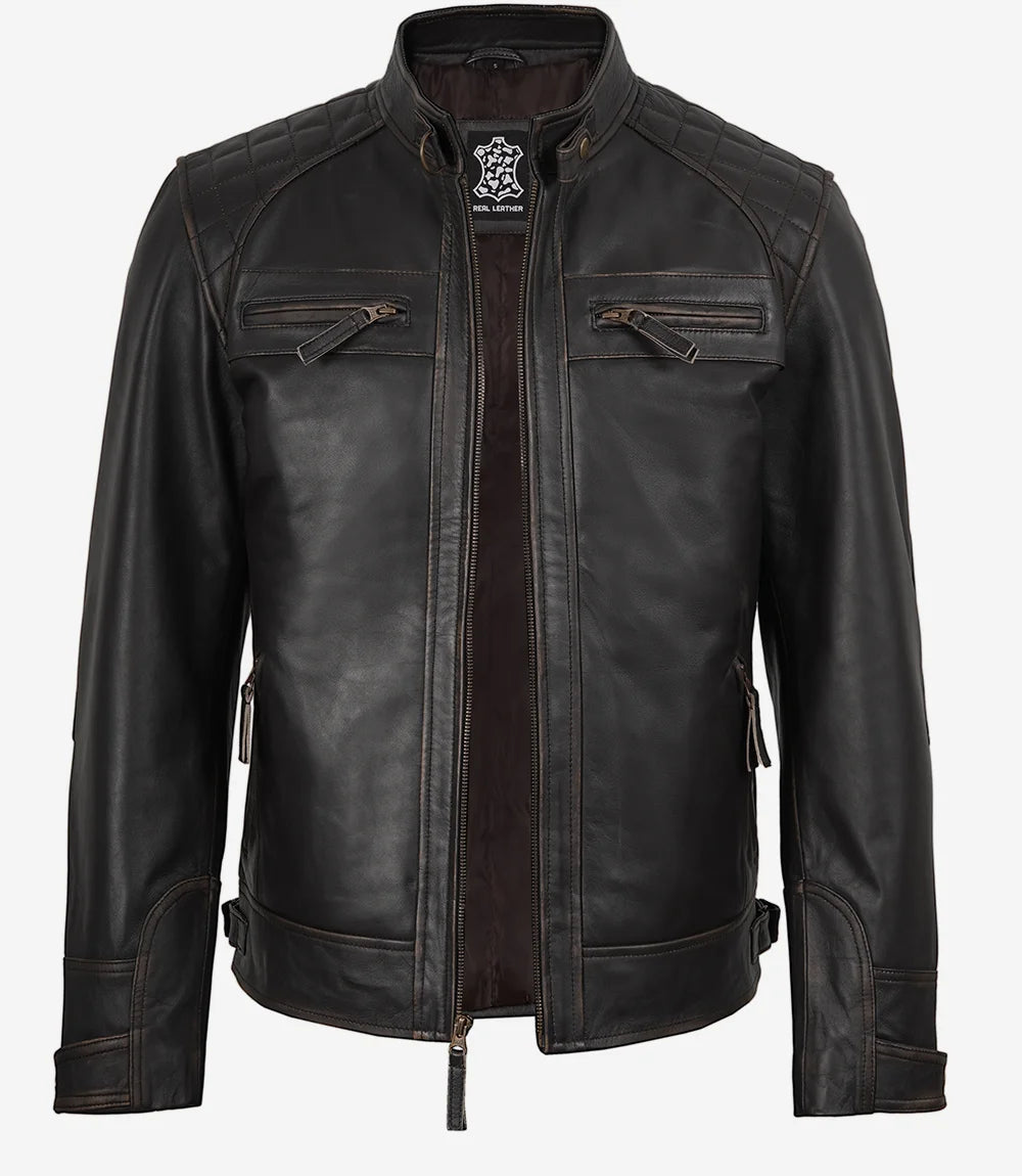 Veste Moto Cuir Véritable Homme Vintage Noire Vieillie – Style Motard Classique – Pleine Fleur Confort & Protection