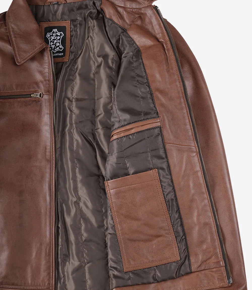 Veste en cuir marron cognac pour homme - Style col chemise