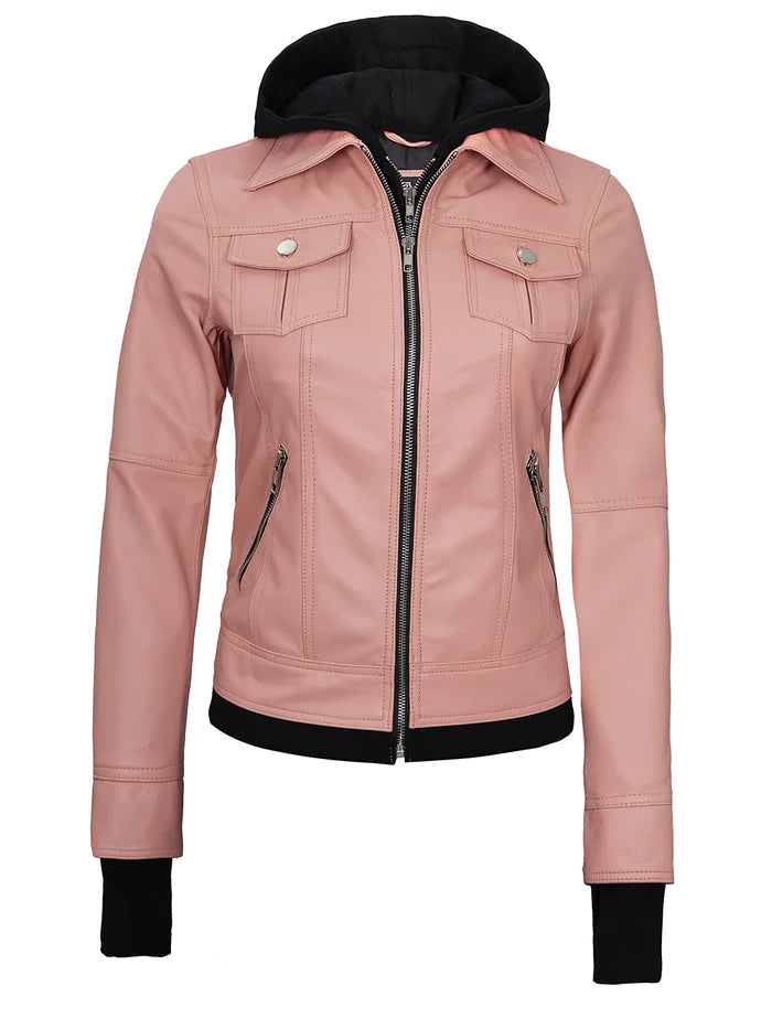 Women's Pink Hooded Leather Motorcycle Jacket