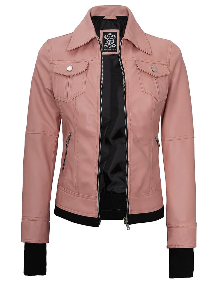 Women's Pink Hooded Leather Motorcycle Jacket