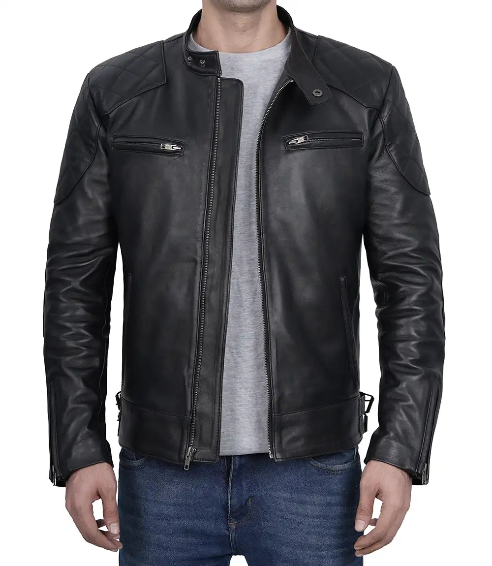 Veste en cuir noir Cafe Racer pour homme