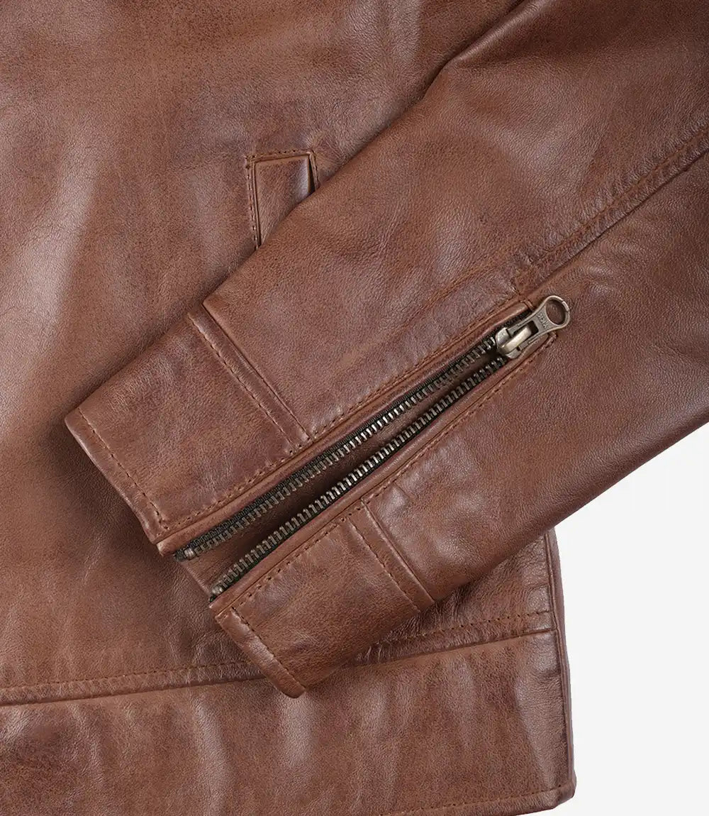 Veste en cuir marron cognac pour homme - Style col chemise