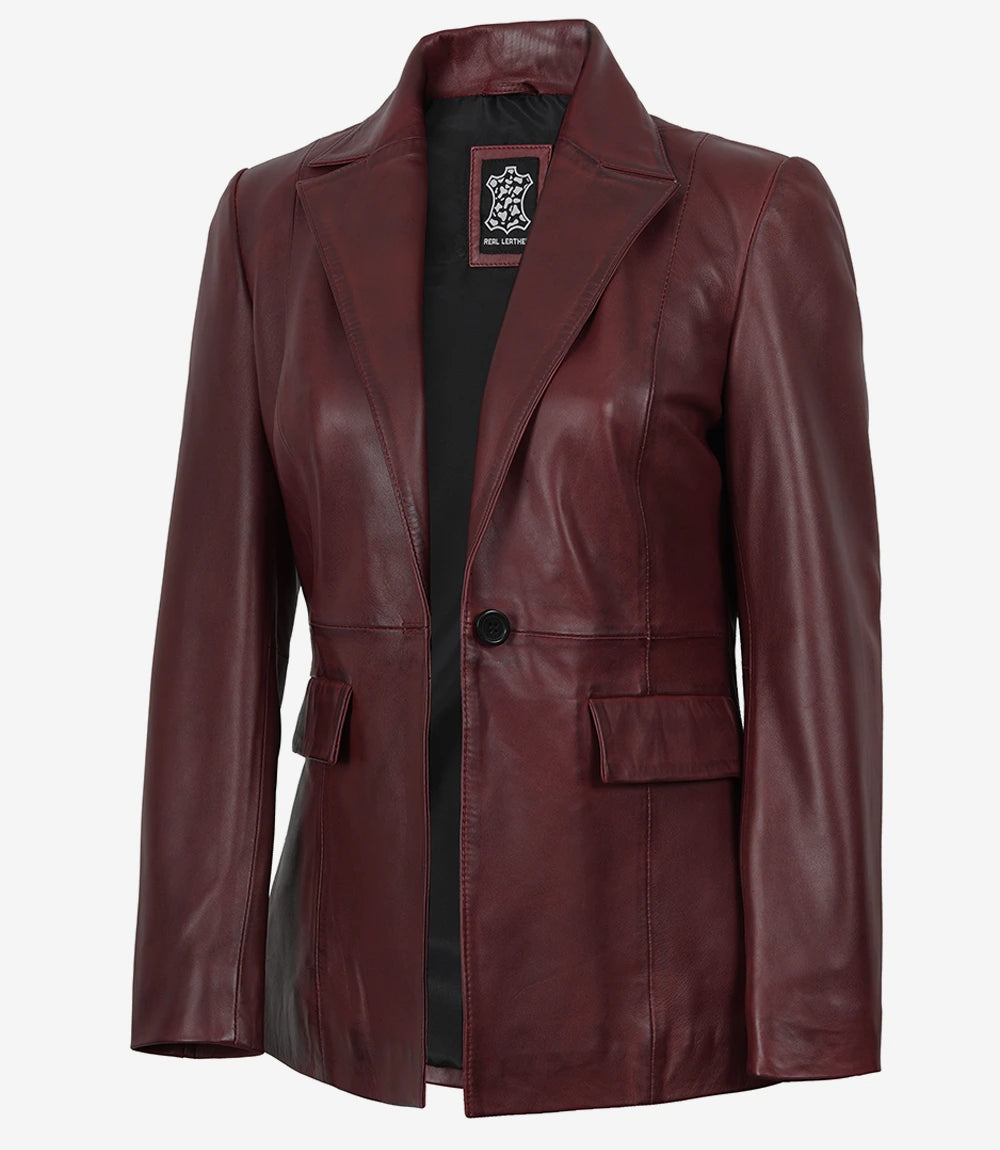 Femmes Bourgogne Véritable Cuir Blazer