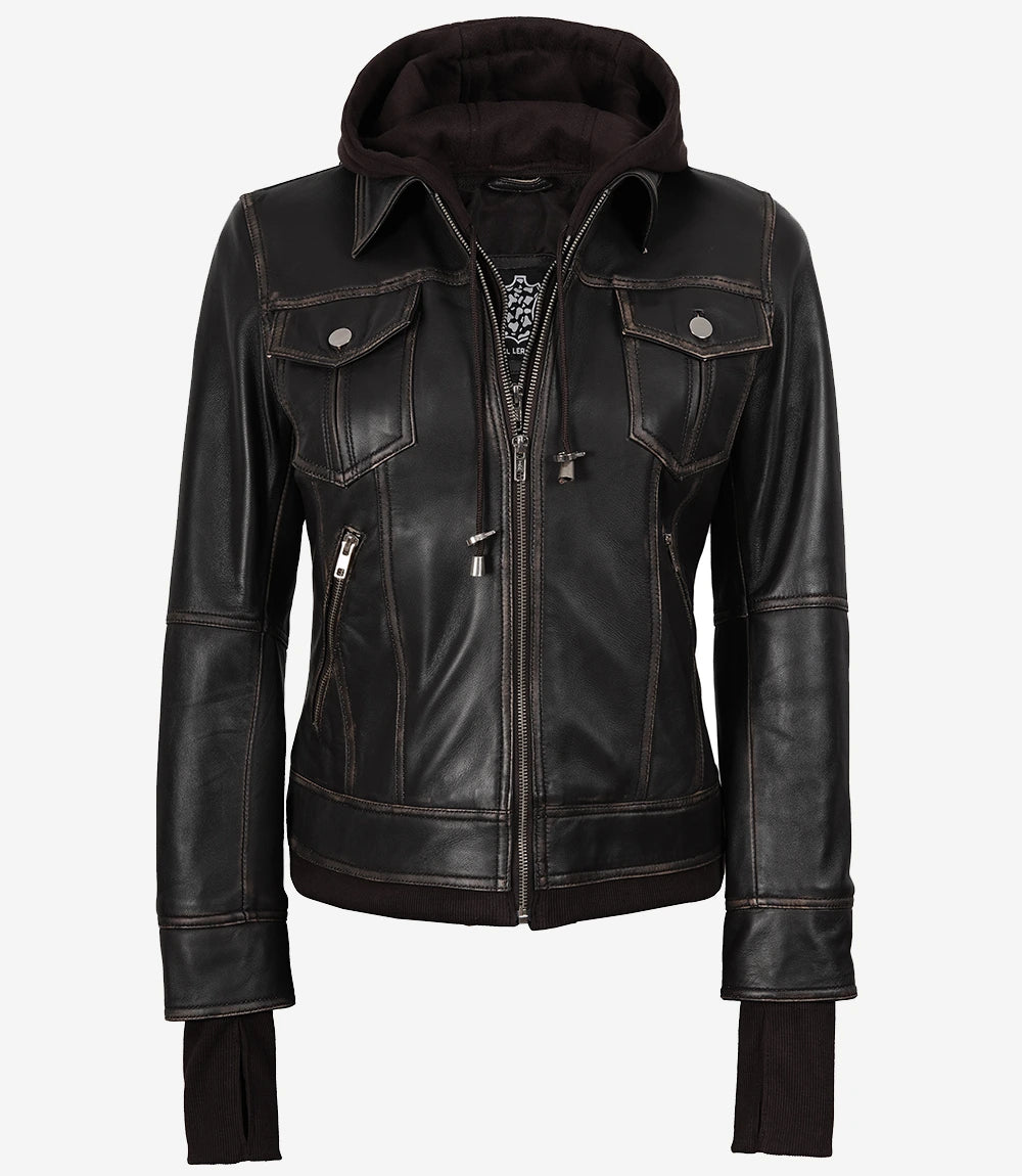 Veste en cuir à capuche