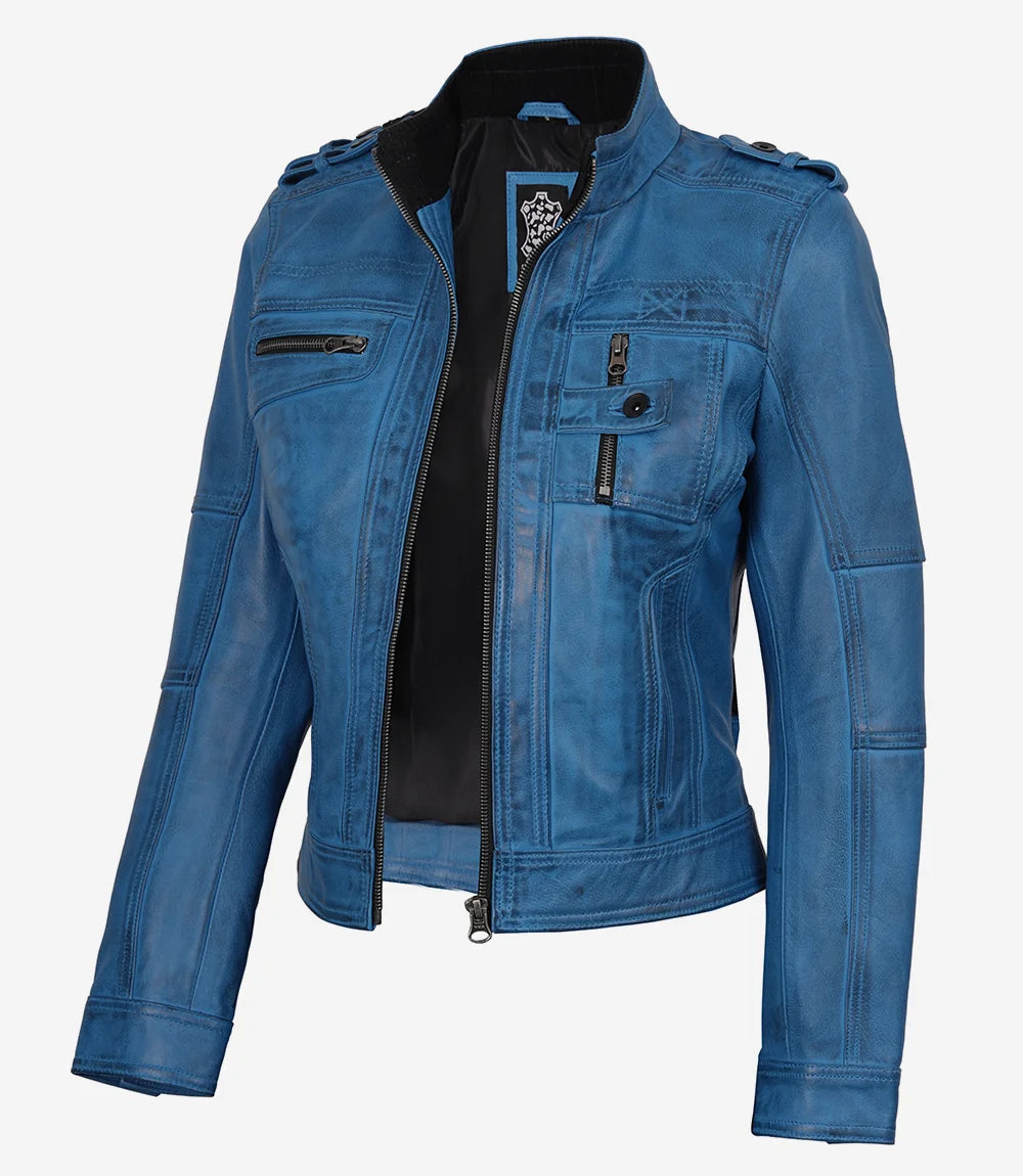 Tavares Veste motard en cuir bleu vieilli pour femme
