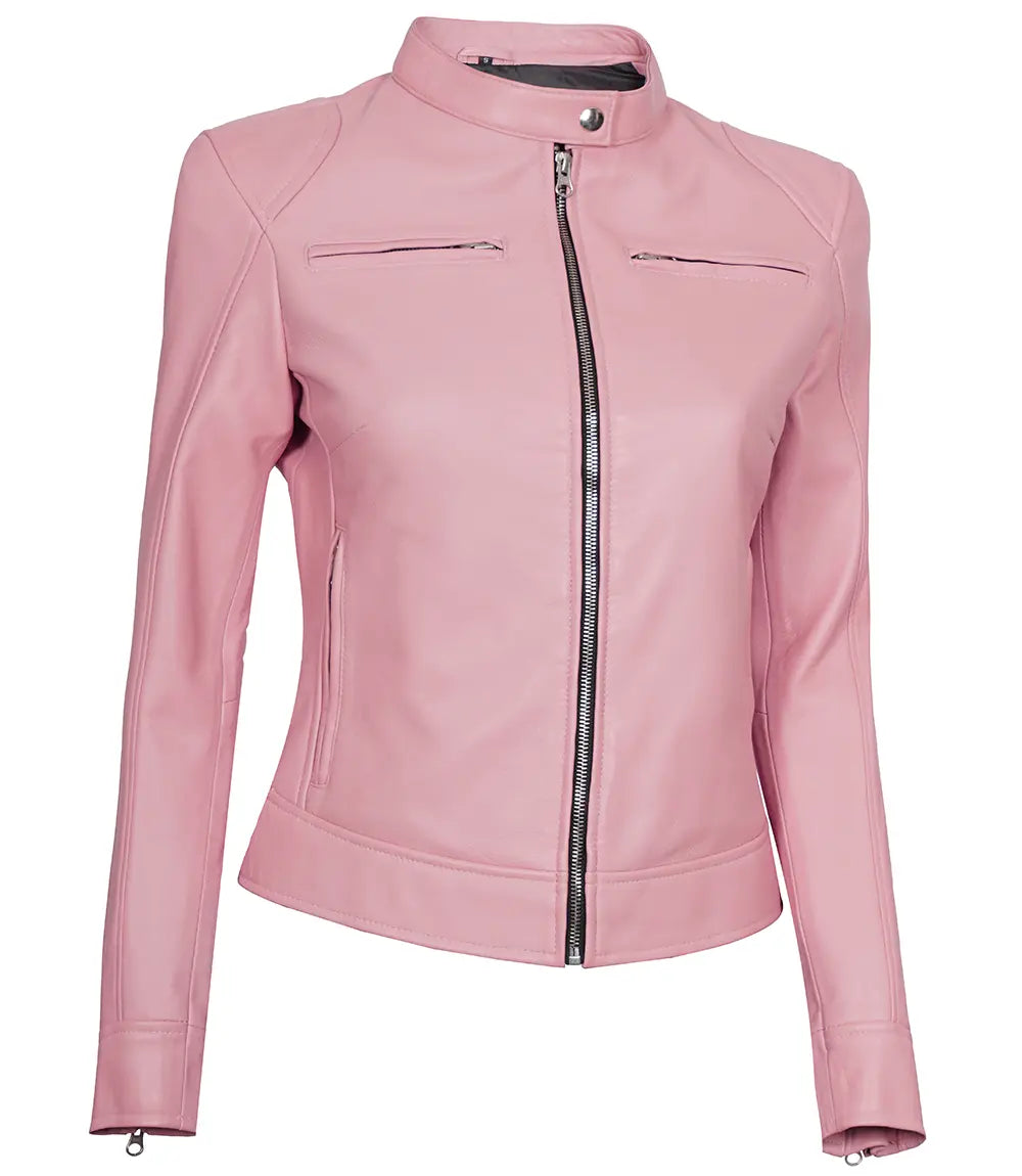 veste rose en cuir véritable pour femme