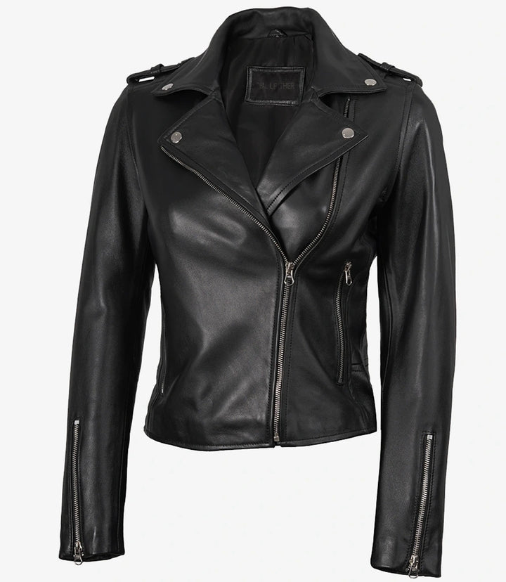 Kirsten, blouson asymétrique noir pour femme