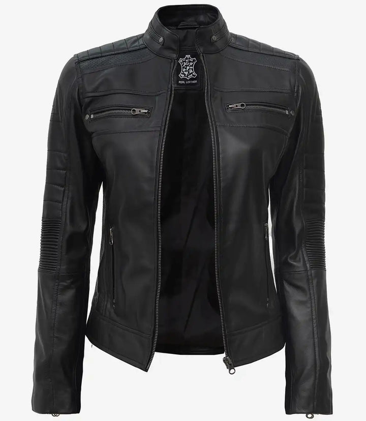 Veste cafe racer en cuir noir pour femme Austin