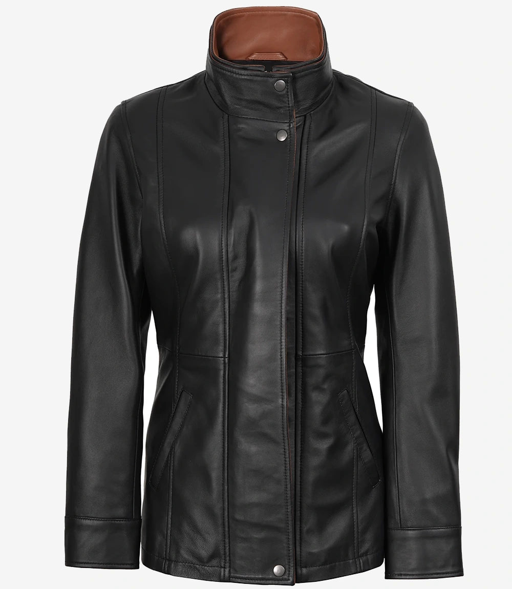 Femmes Large Revers Noir Cuir Veste