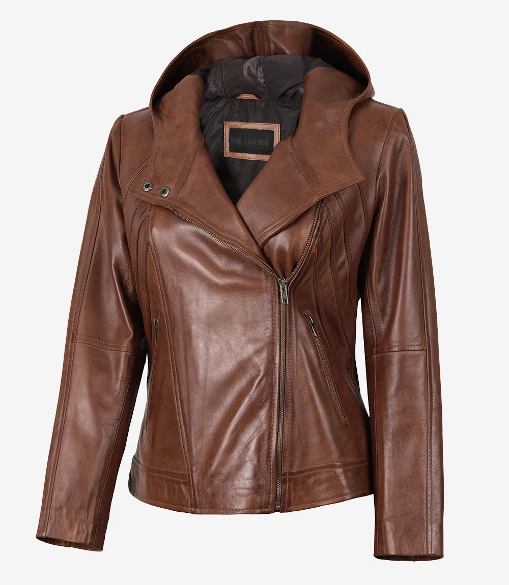 Cidra Women's Brown Asymmetrical Hooded Leather Jacket