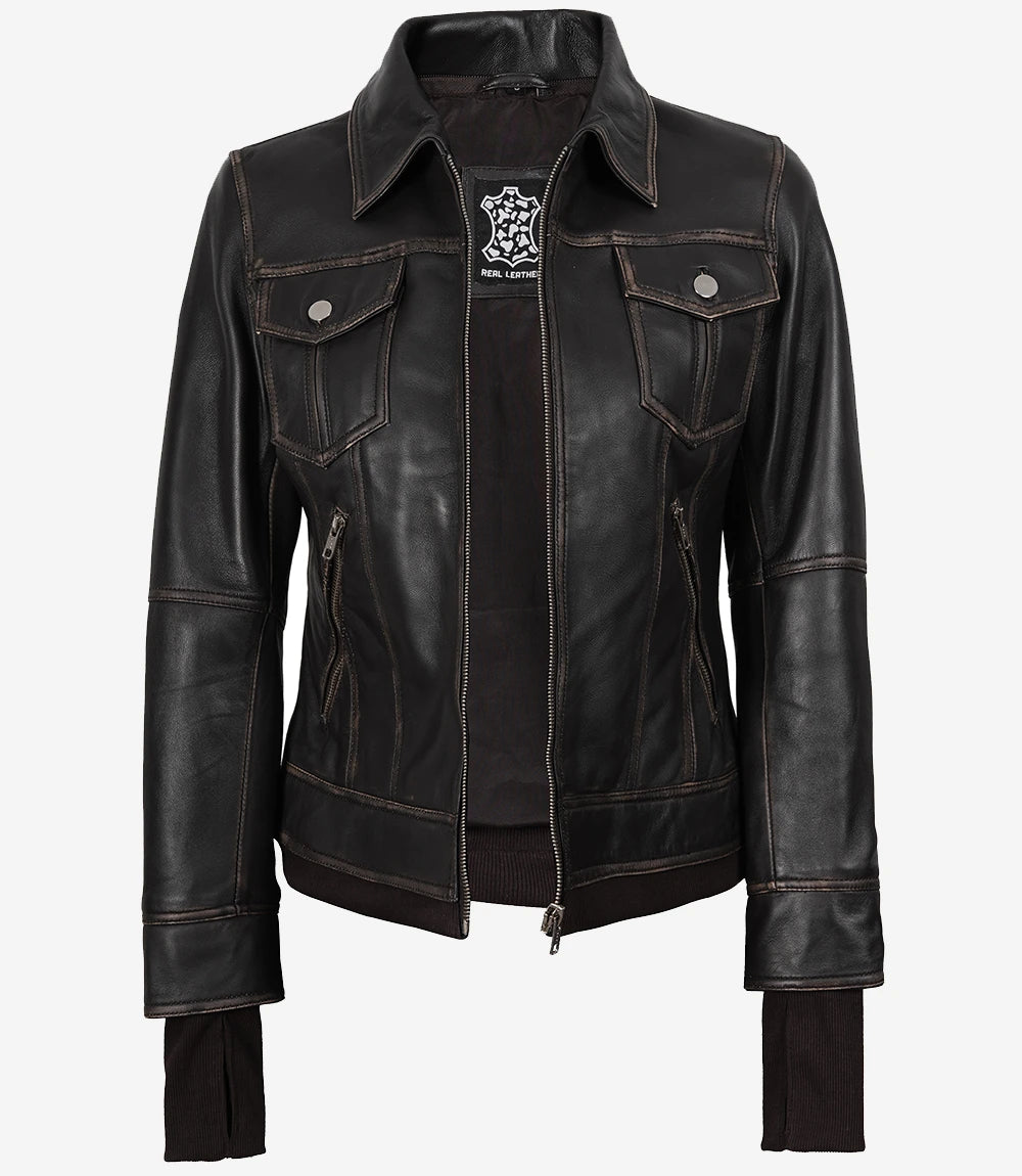 Veste en cuir à capuche marron foncé