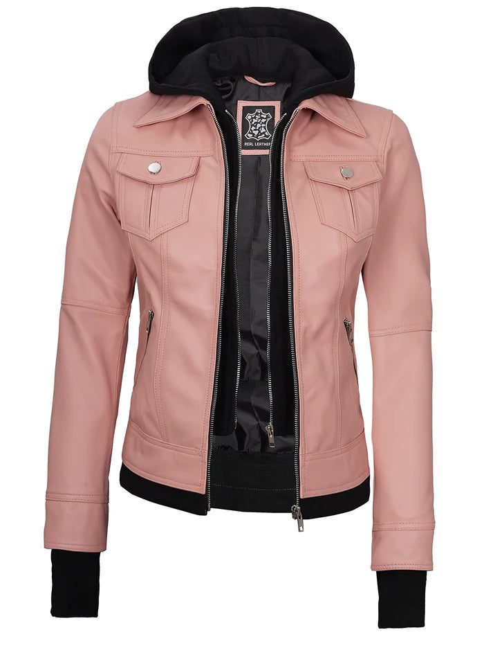 Women's Pink Hooded Leather Motorcycle Jacket