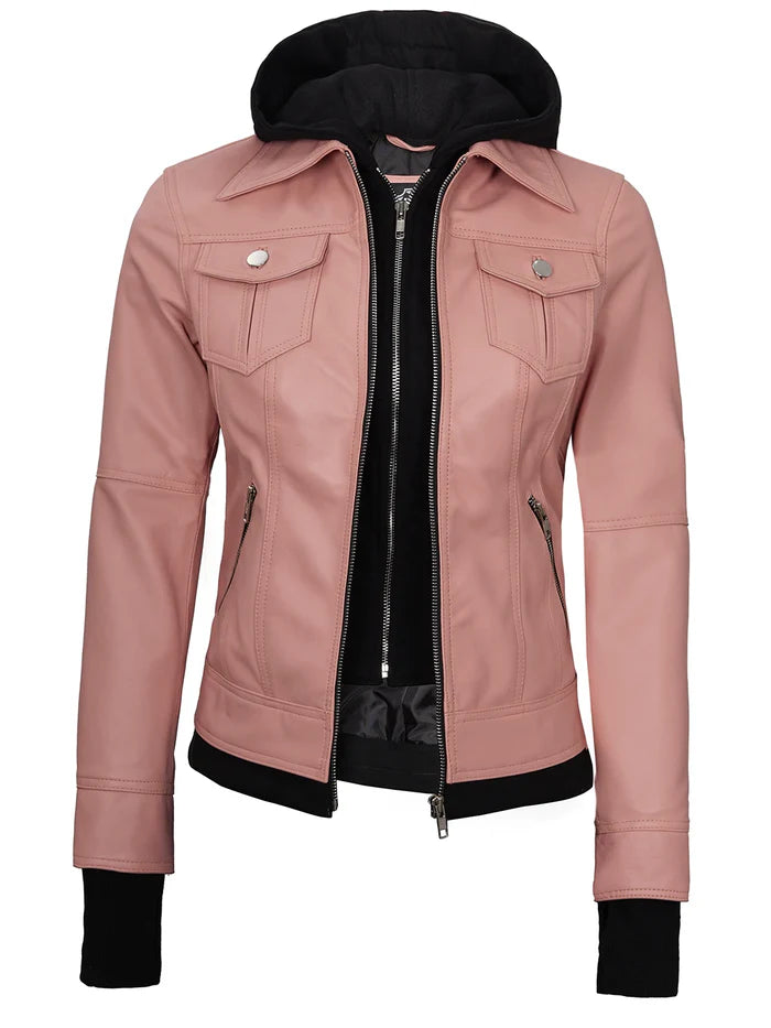 Women's Pink Hooded Leather Motorcycle Jacket