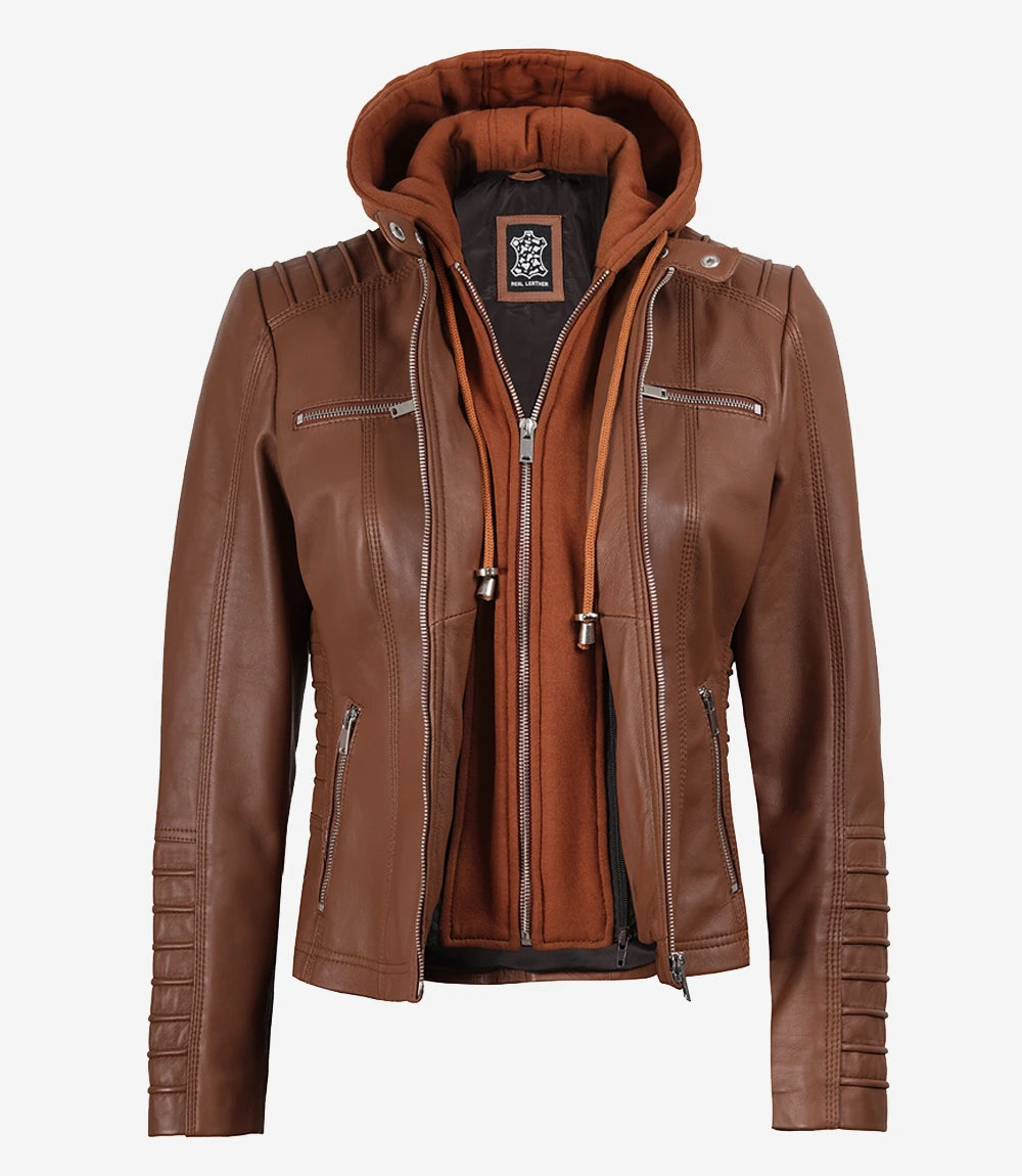 Veste en cuir Cognac Cafe Racer pour femme avec capuche amovible