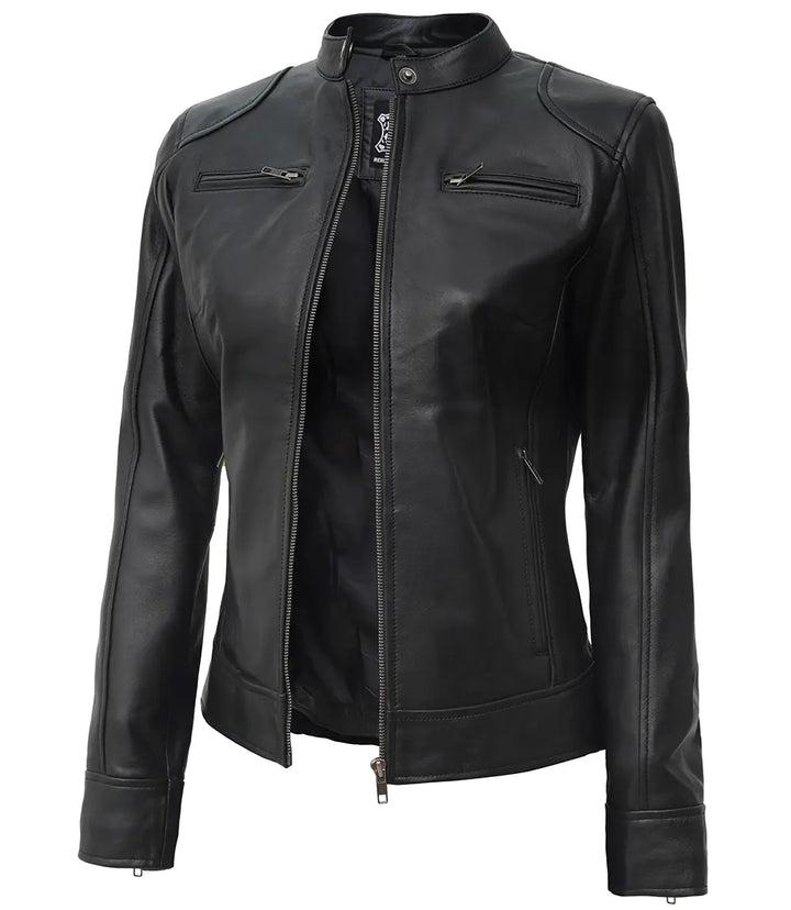 Dodge, blouson en cuir d'agneau noir pour femme