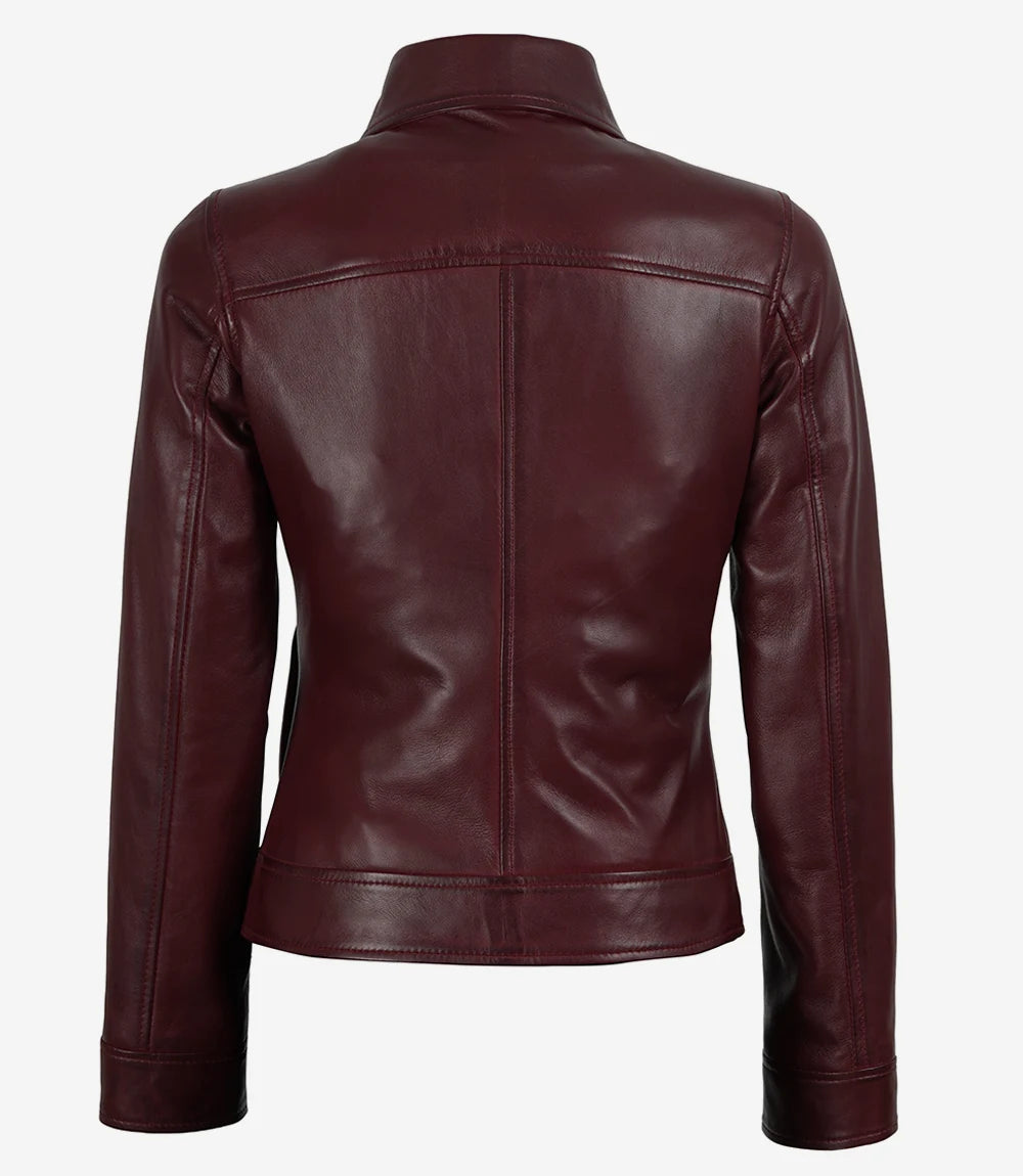 Femmes Bourgogne Cuir Veste Chemise Col